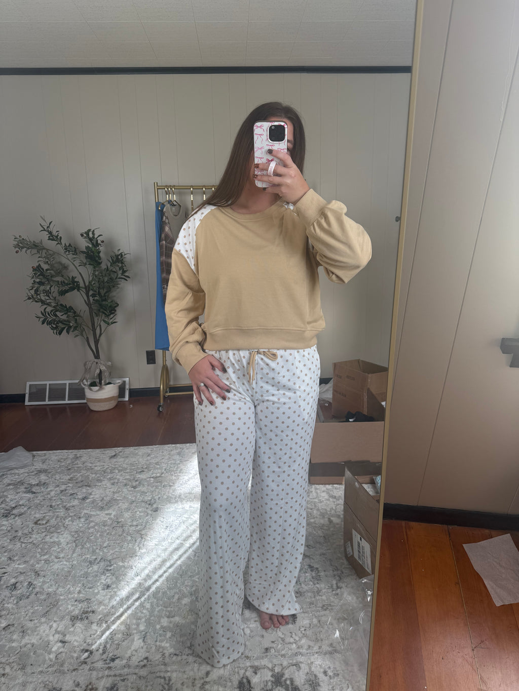 Polka Dot Patchwork Long Sleeve - Two Piece Set (Khaki)