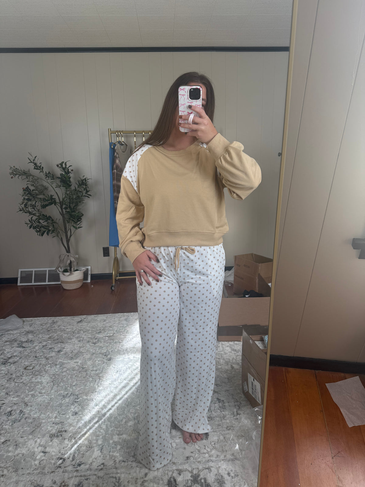 Polka Dot Patchwork Long Sleeve - Two Piece Set (Khaki)